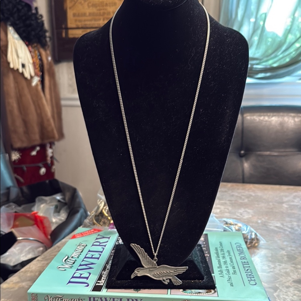 Vintage Cathedral Pewter flying Seagull 1970s dark silvertone Necklace